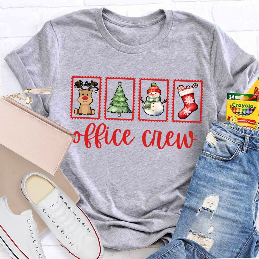 Office Crew Christmas Tree Snowman And Christmas Stocking T-shirt