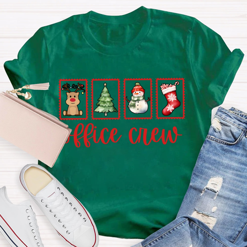 Office Crew Christmas Tree Snowman And Christmas Stocking T-shirt