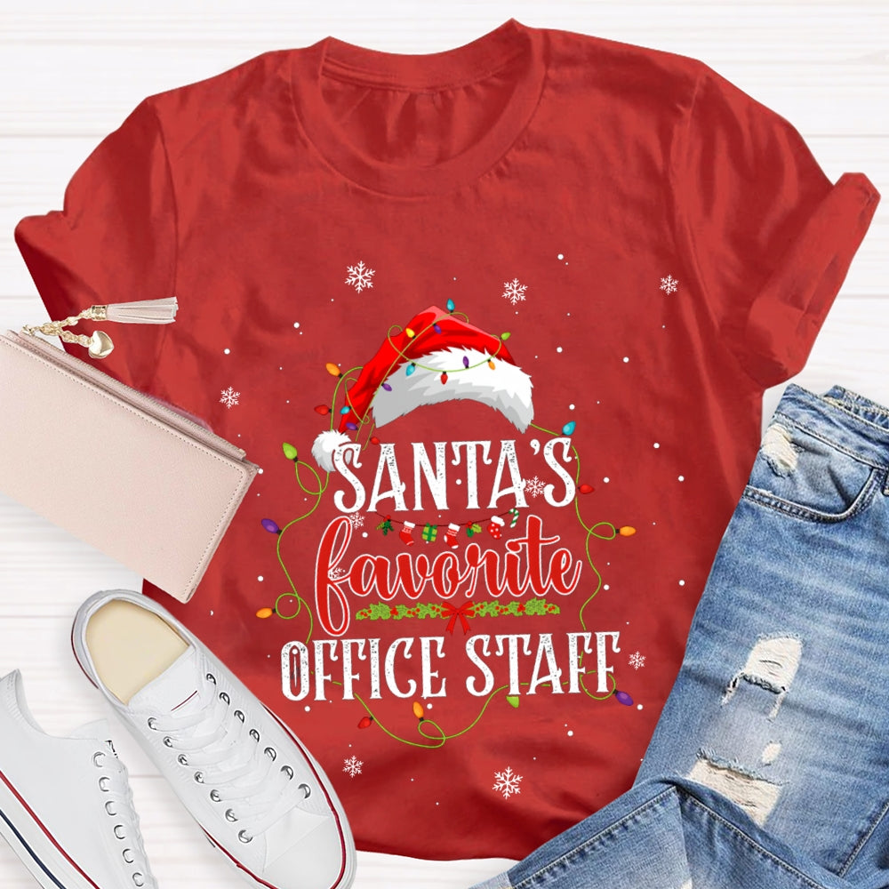 Santa'S Favorite Office Staff Santa Hats And Christmas Lights T-shirt