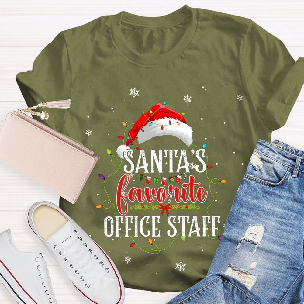 Santa'S Favorite Office Staff Santa Hats And Christmas Lights T-shirt
