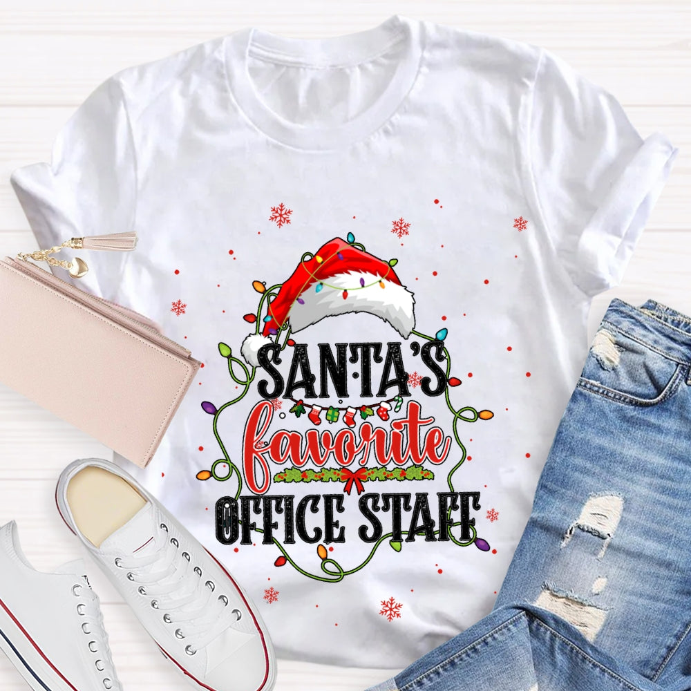 Santa'S Favorite Office Staff Santa Hats And Christmas Lights T-shirt