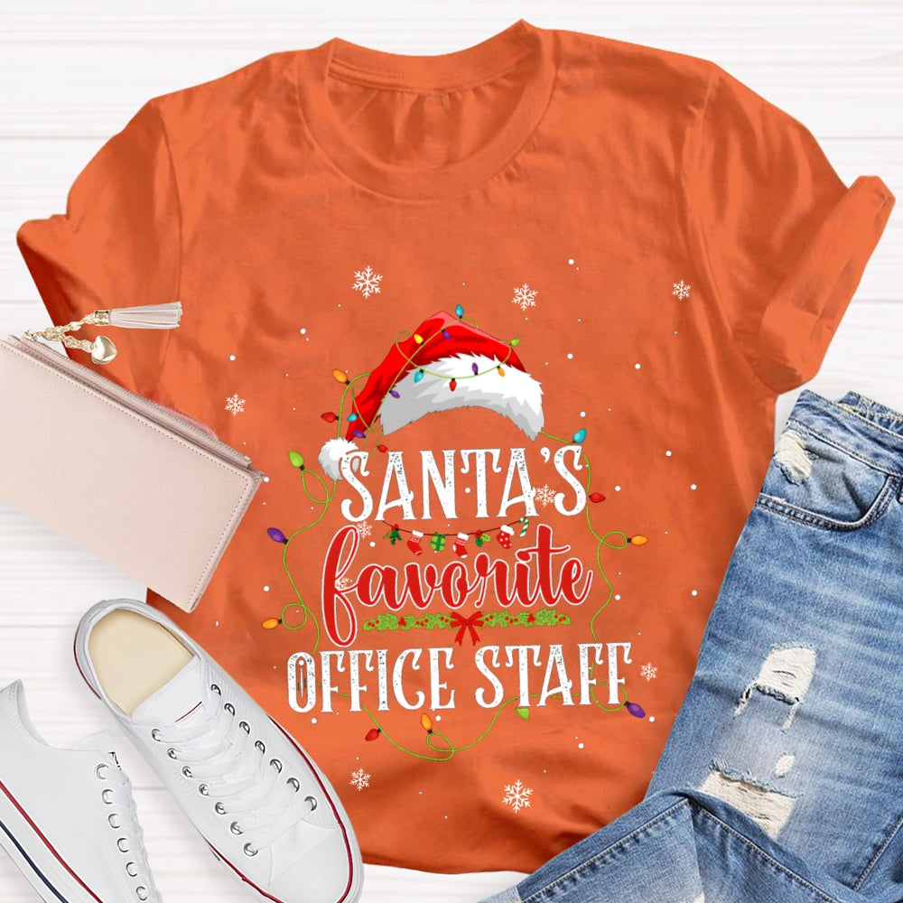 Santa'S Favorite Office Staff Santa Hats And Christmas Lights T-shirt