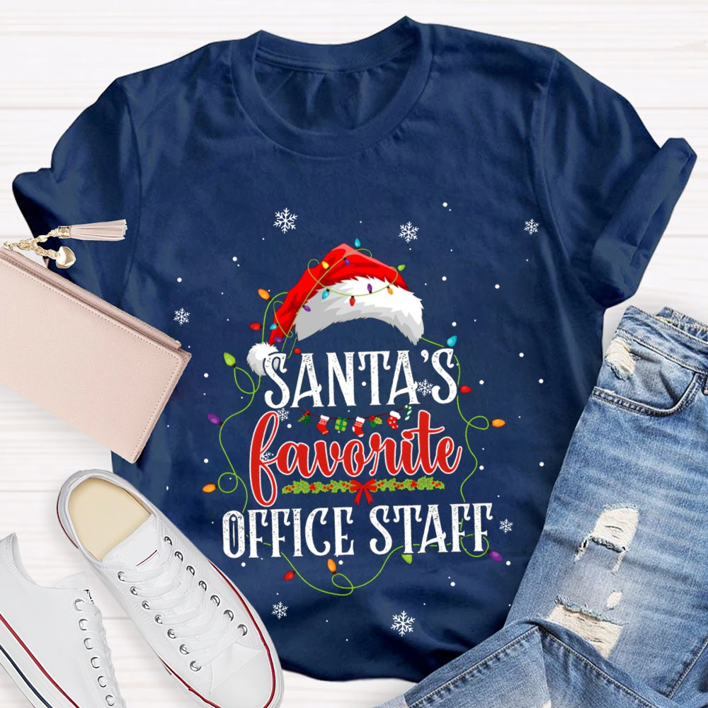Santa'S Favorite Office Staff Santa Hats And Christmas Lights T-shirt