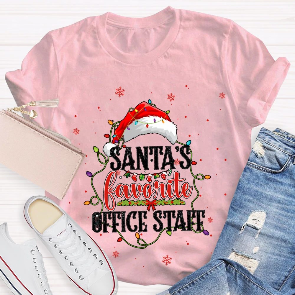 Santa'S Favorite Office Staff Santa Hats And Christmas Lights T-shirt