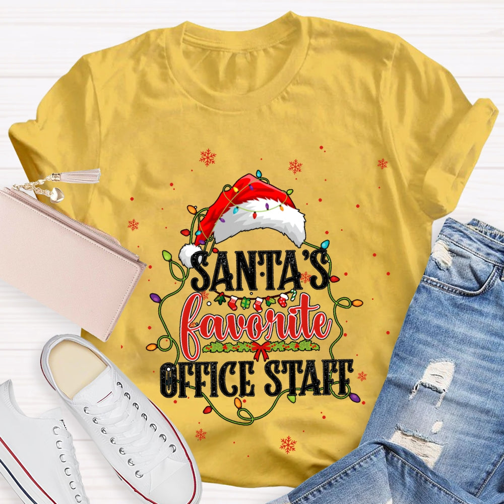 Santa'S Favorite Office Staff Santa Hats And Christmas Lights T-shirt