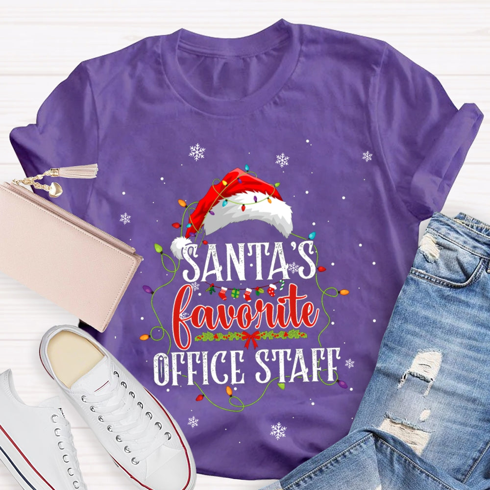 Santa'S Favorite Office Staff Santa Hats And Christmas Lights T-shirt
