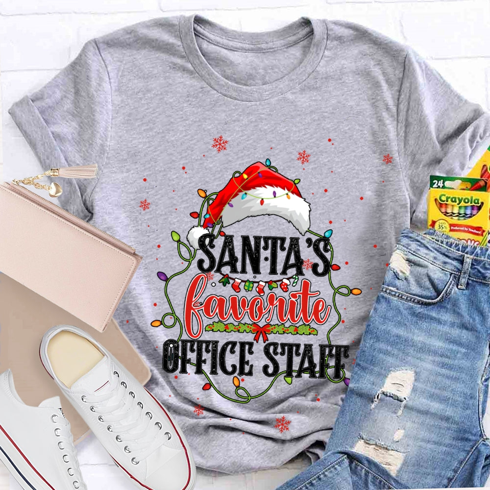 Santa'S Favorite Office Staff Santa Hats And Christmas Lights T-shirt