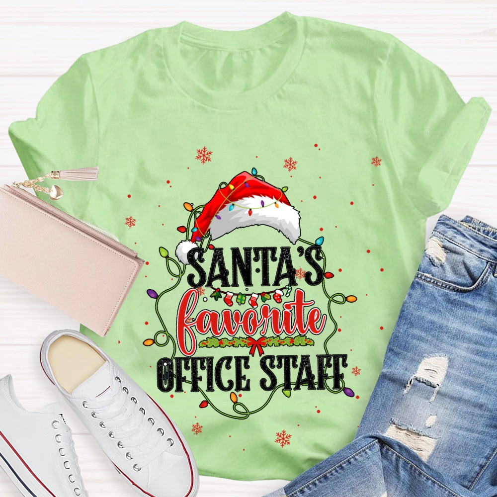 Santa'S Favorite Office Staff Santa Hats And Christmas Lights T-shirt