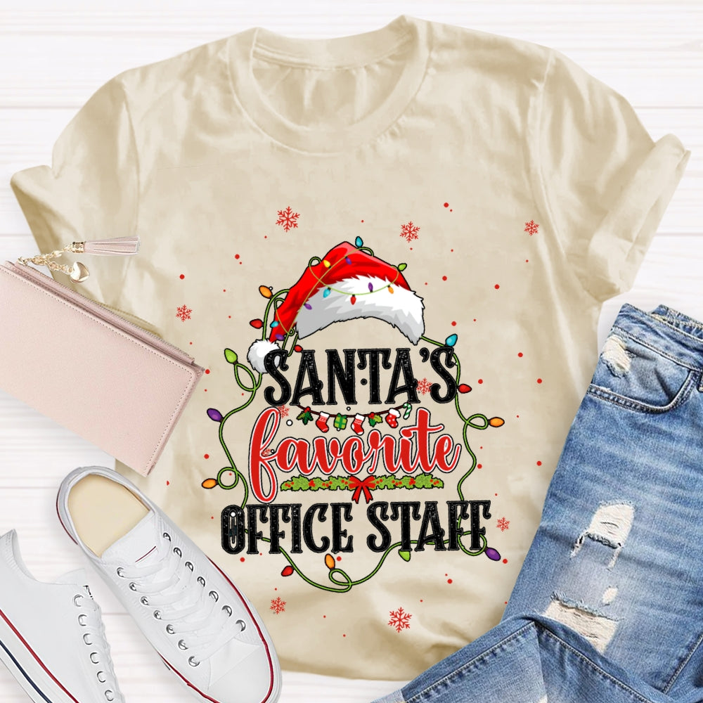 Santa'S Favorite Office Staff Santa Hats And Christmas Lights T-shirt