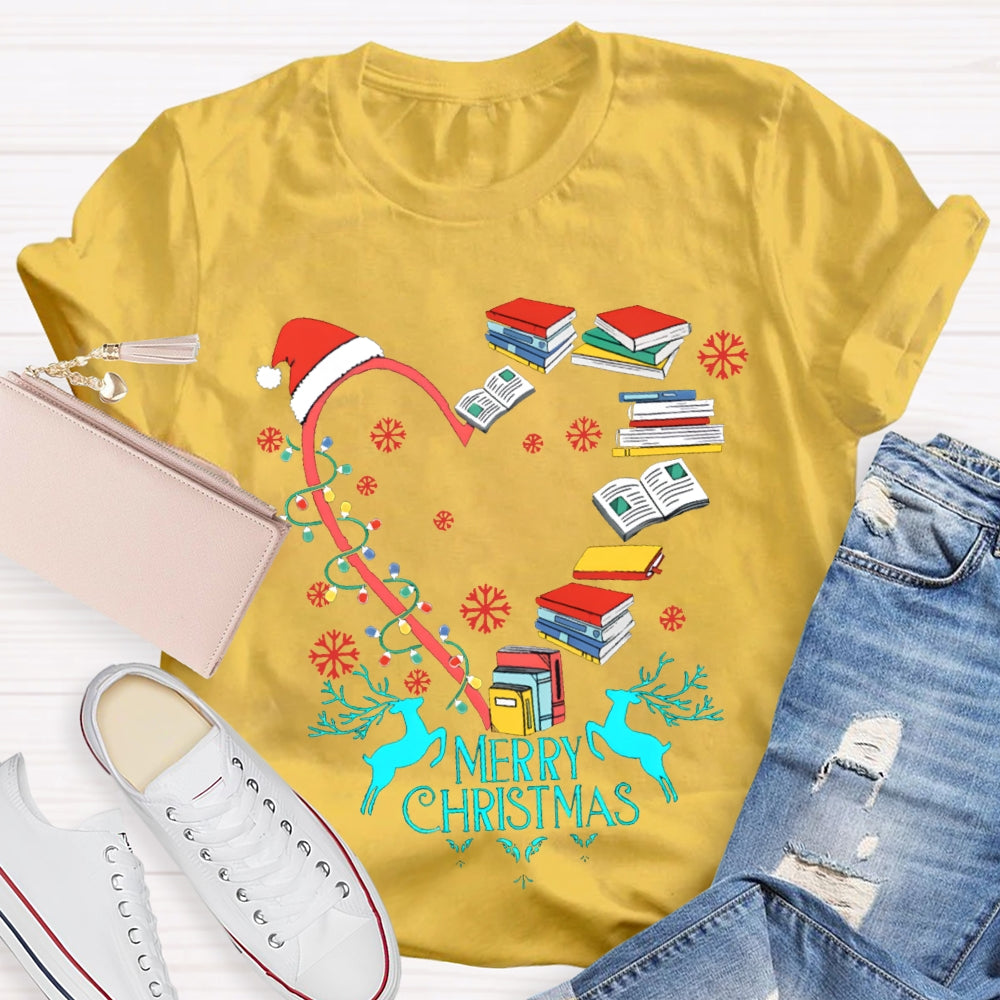 Christmas Heart Books Merry Christmas Snowflakes And Santa Hats T-shirt