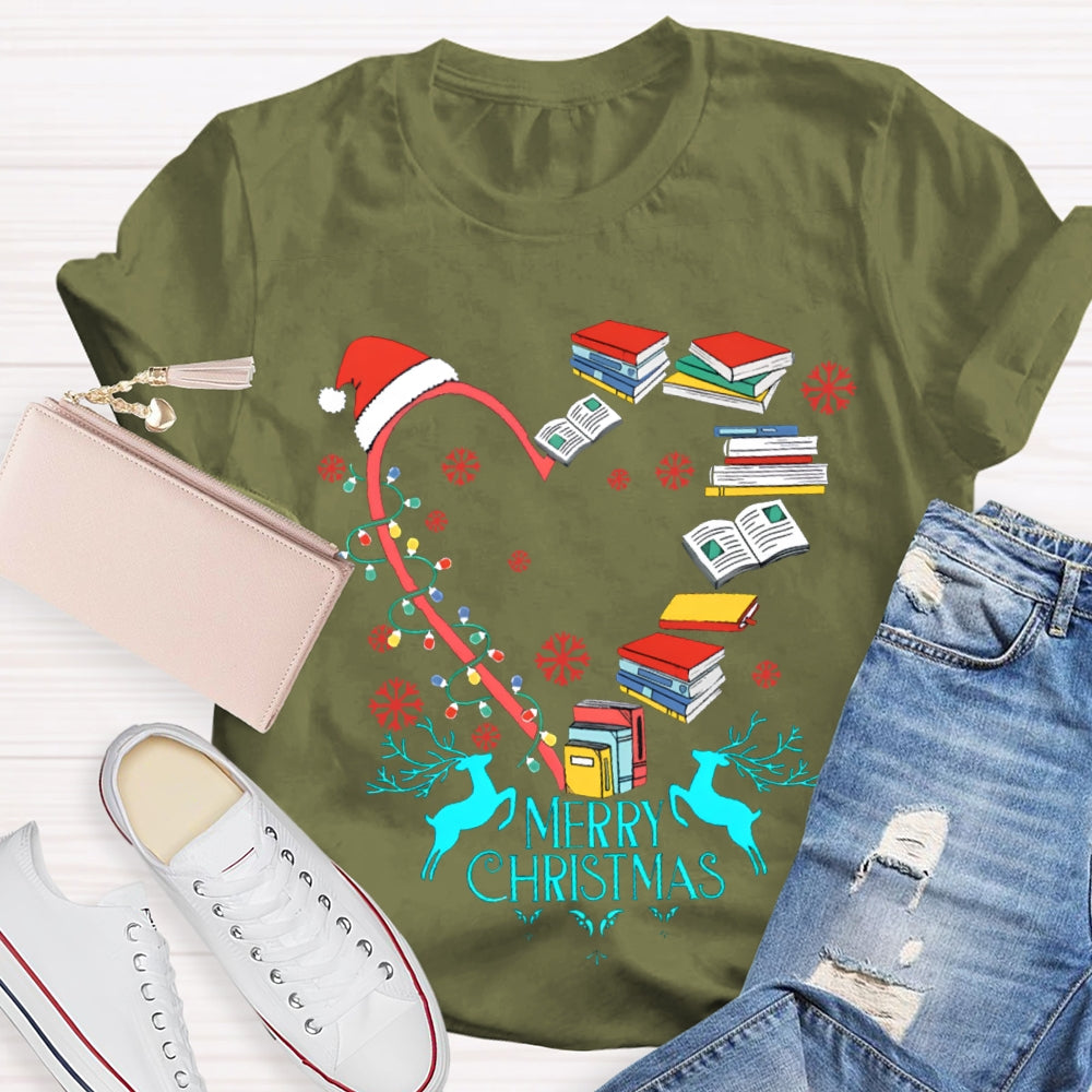 Christmas Heart Books Merry Christmas Snowflakes And Santa Hats T-shirt