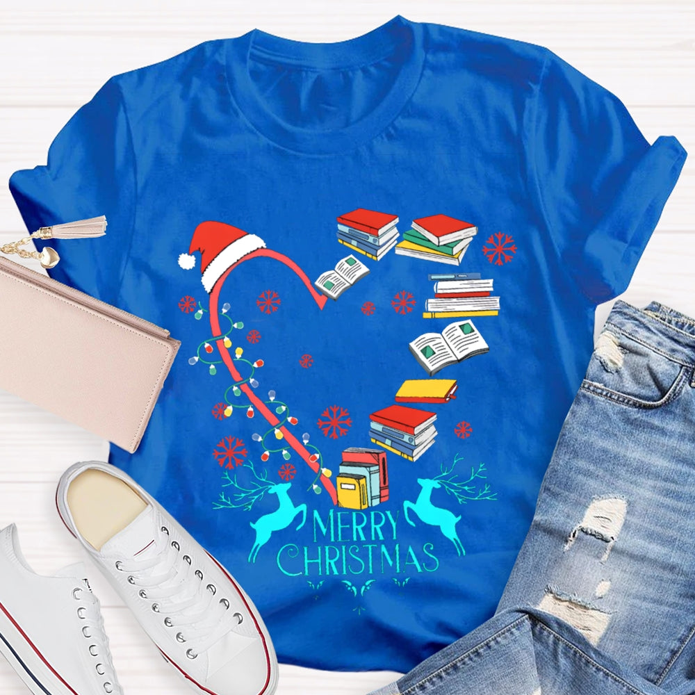 Christmas Heart Books Merry Christmas Snowflakes And Santa Hats T-shirt