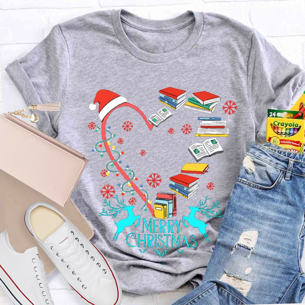 Christmas Heart Books Merry Christmas Snowflakes And Santa Hats T-shirt