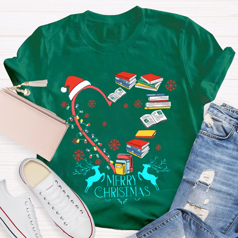 Christmas Heart Books Merry Christmas Snowflakes And Santa Hats T-shirt