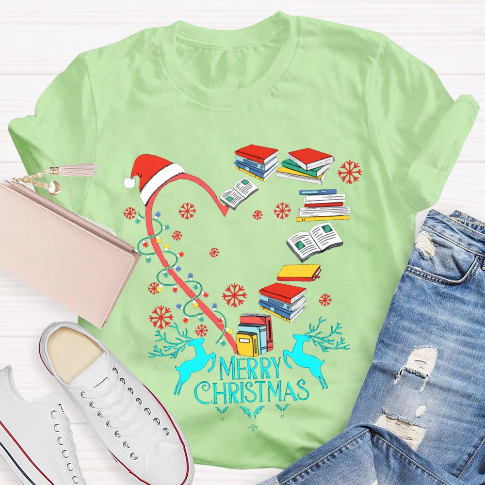 Christmas Heart Books Merry Christmas Snowflakes And Santa Hats T-shirt