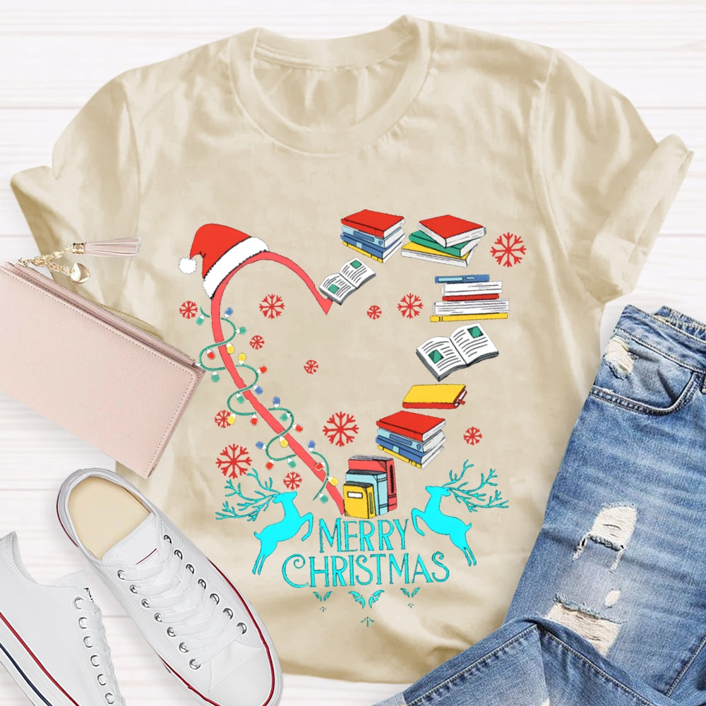 Christmas Heart Books Merry Christmas Snowflakes And Santa Hats T-shirt