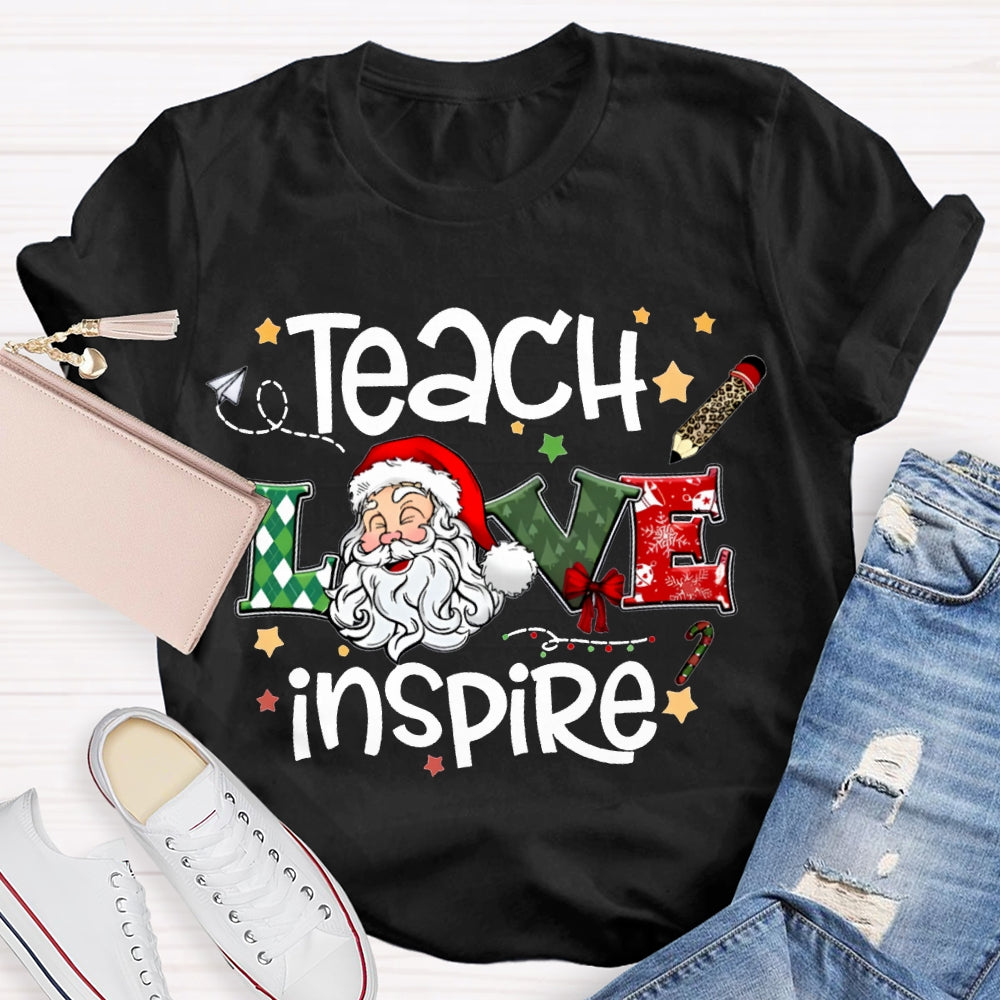 Teach Love Inspire Santa Claus And Star Prints T-shirt