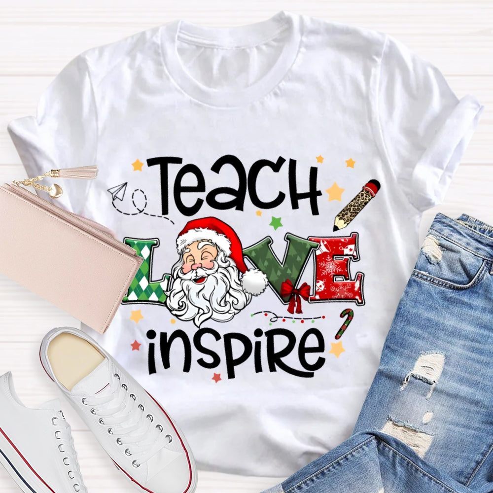 Teach Love Inspire Santa Claus And Star Prints T-shirt