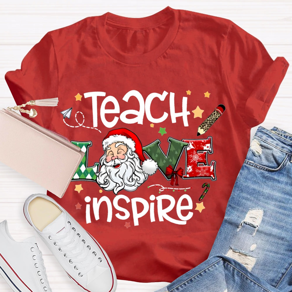 Teach Love Inspire Santa Claus And Star Prints T-shirt
