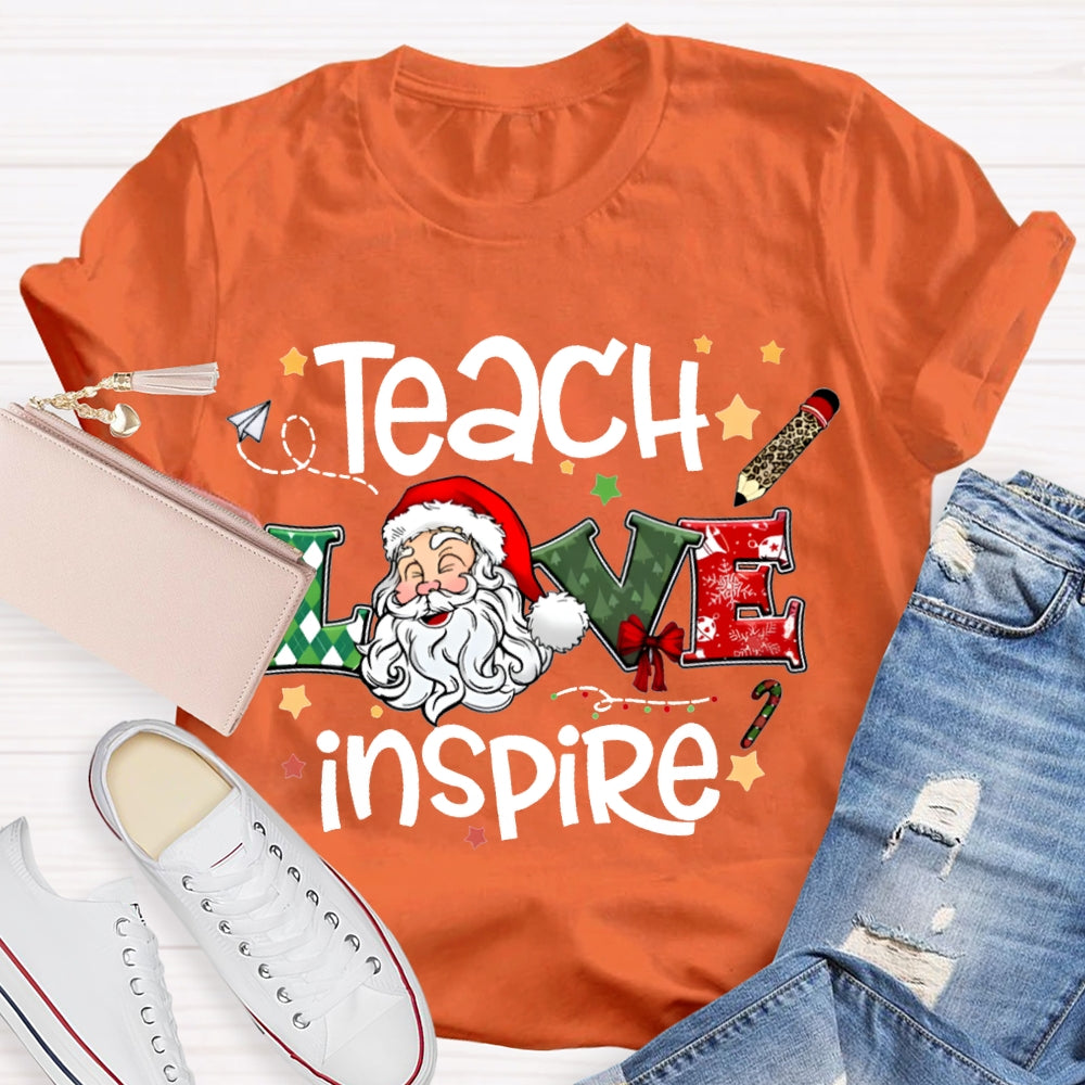 Teach Love Inspire Santa Claus And Star Prints T-shirt