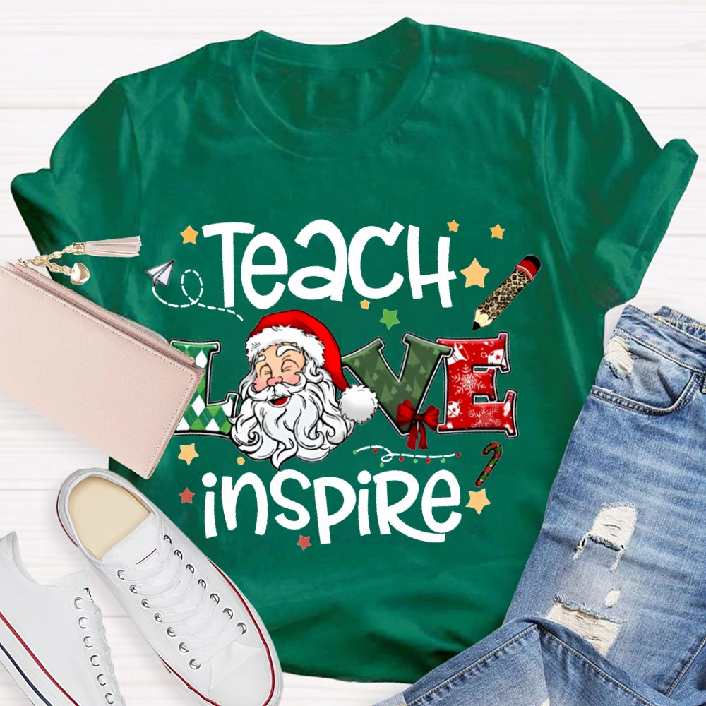 Teach Love Inspire Santa Claus And Star Prints T-shirt