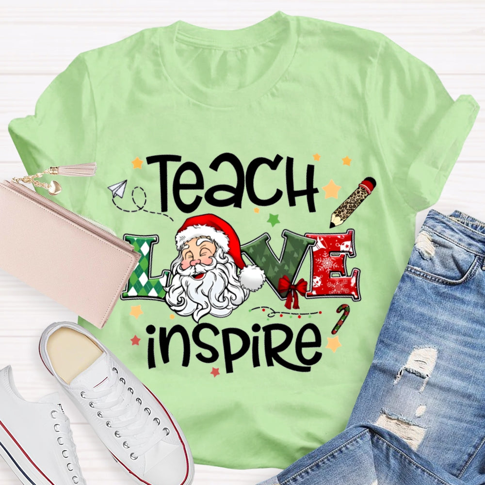 Teach Love Inspire Santa Claus And Star Prints T-shirt
