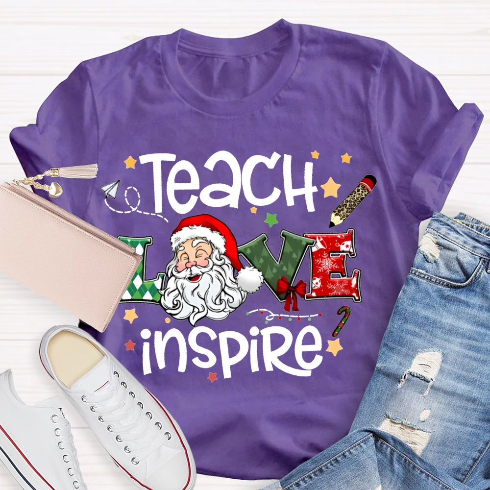 Teach Love Inspire Santa Claus And Star Prints T-shirt