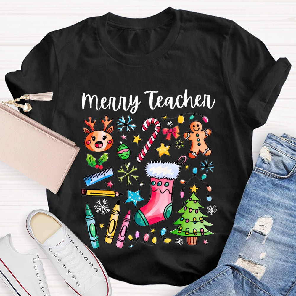 Merry Teacher Christmas Lights And Crayons Christmas Vibes T-shirt
