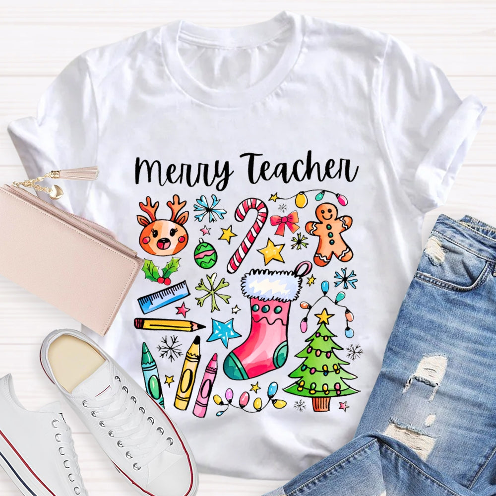 Merry Teacher Christmas Lights And Crayons Christmas Vibes T-shirt