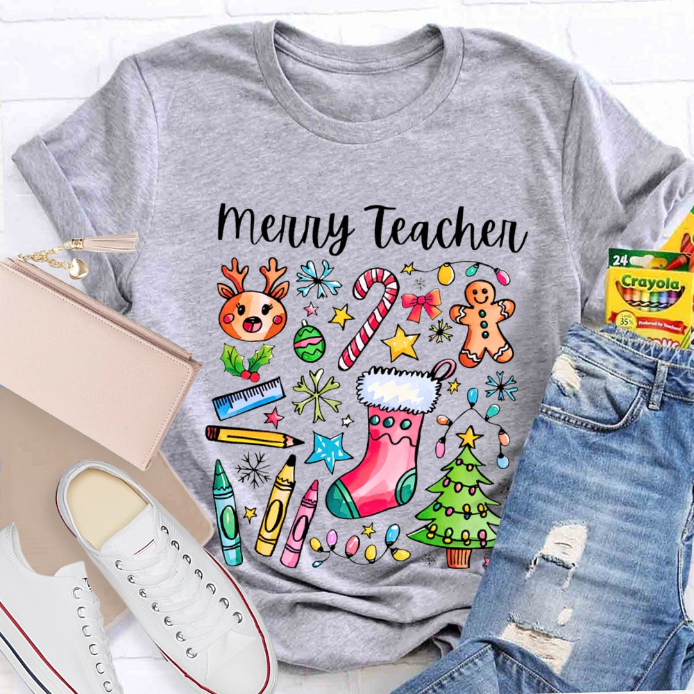 Merry Teacher Christmas Lights And Crayons Christmas Vibes T-shirt
