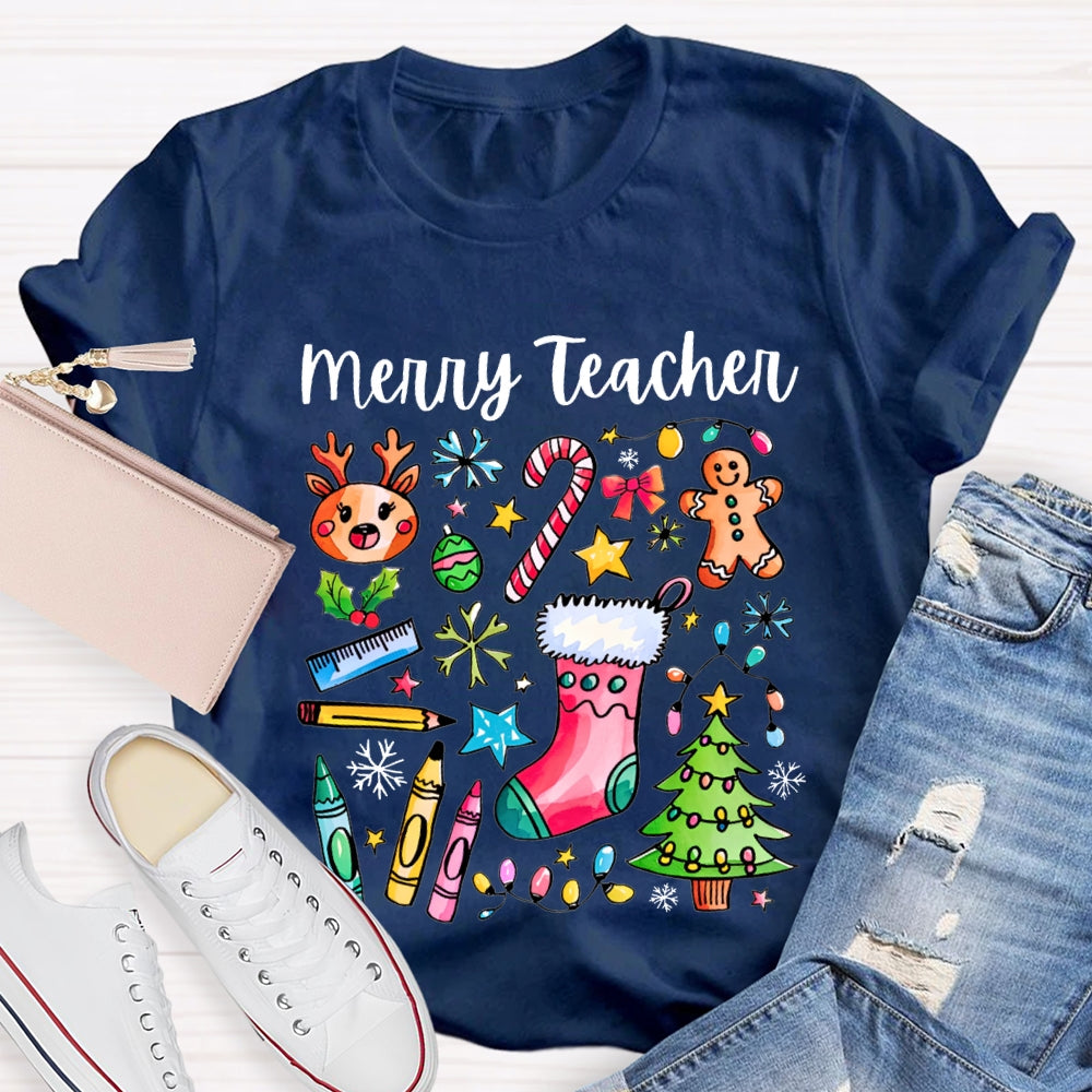 Merry Teacher Christmas Lights And Crayons Christmas Vibes T-shirt