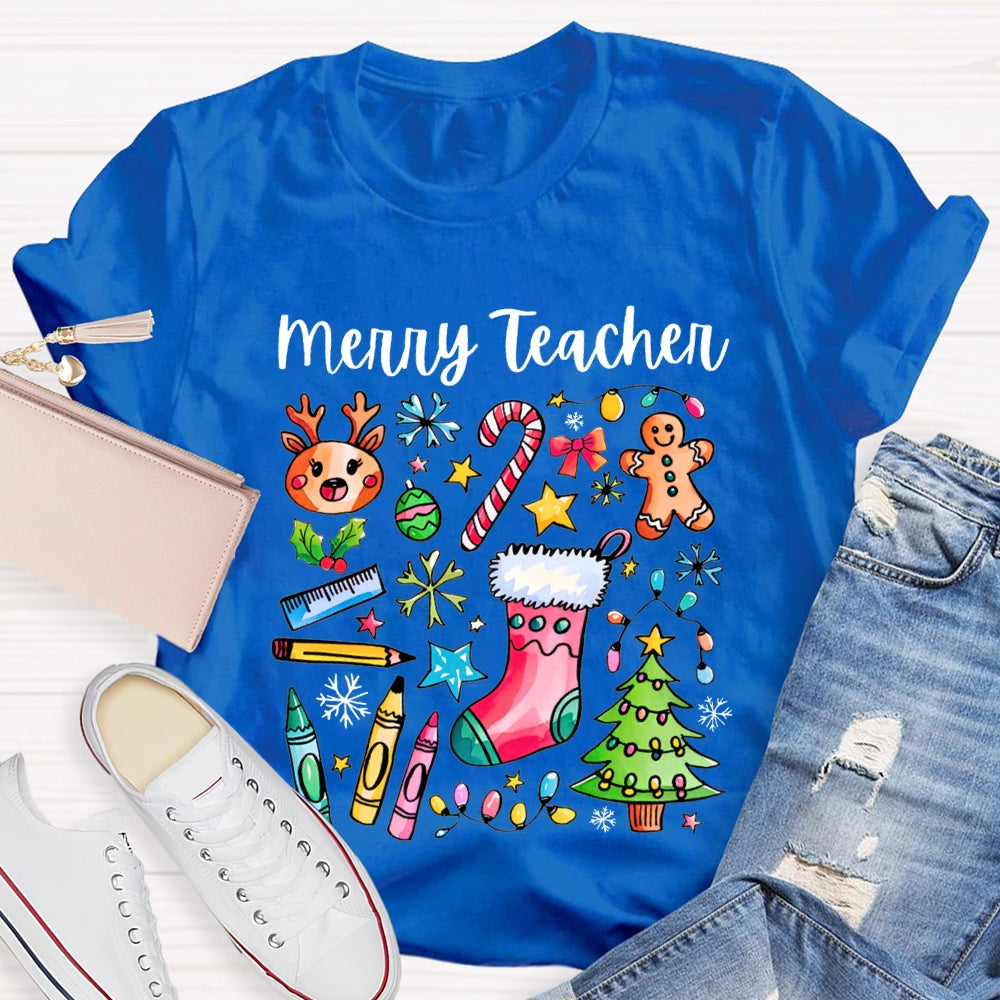Merry Teacher Christmas Lights And Crayons Christmas Vibes T-shirt