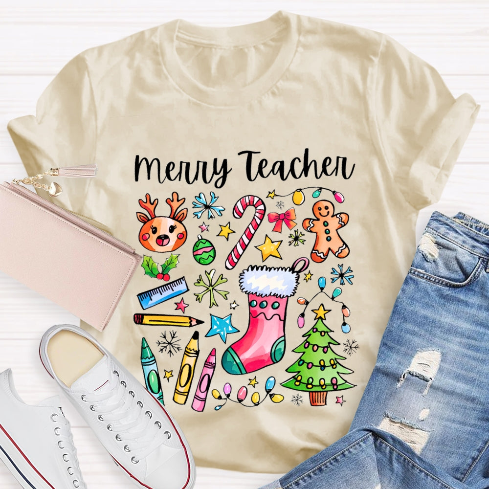 Merry Teacher Christmas Lights And Crayons Christmas Vibes T-shirt