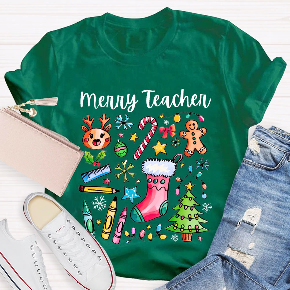 Merry Teacher Christmas Lights And Crayons Christmas Vibes T-shirt