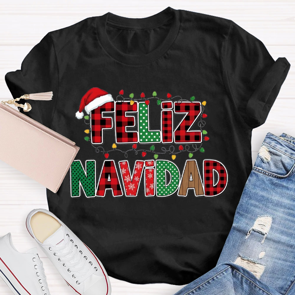 Feliz Navidad Santa Hats And Christmas Lights Bilingual Teacher T-shirt