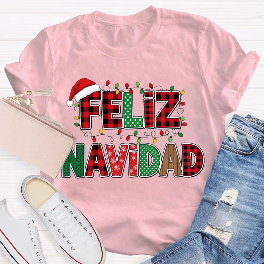 Feliz Navidad Santa Hats And Christmas Lights Bilingual Teacher T-shirt