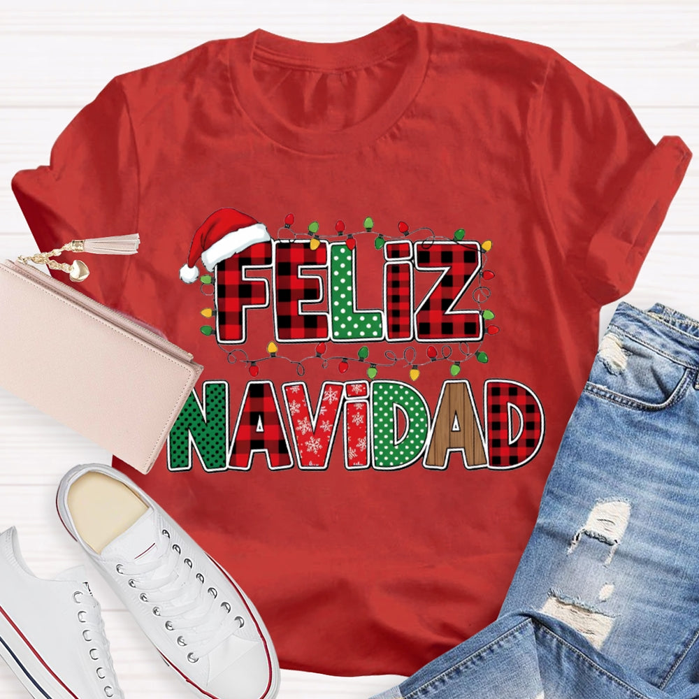 Feliz Navidad Santa Hats And Christmas Lights Bilingual Teacher T-shirt