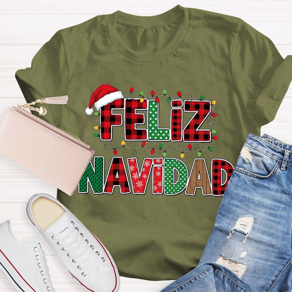 Feliz Navidad Santa Hats And Christmas Lights Bilingual Teacher T-shirt
