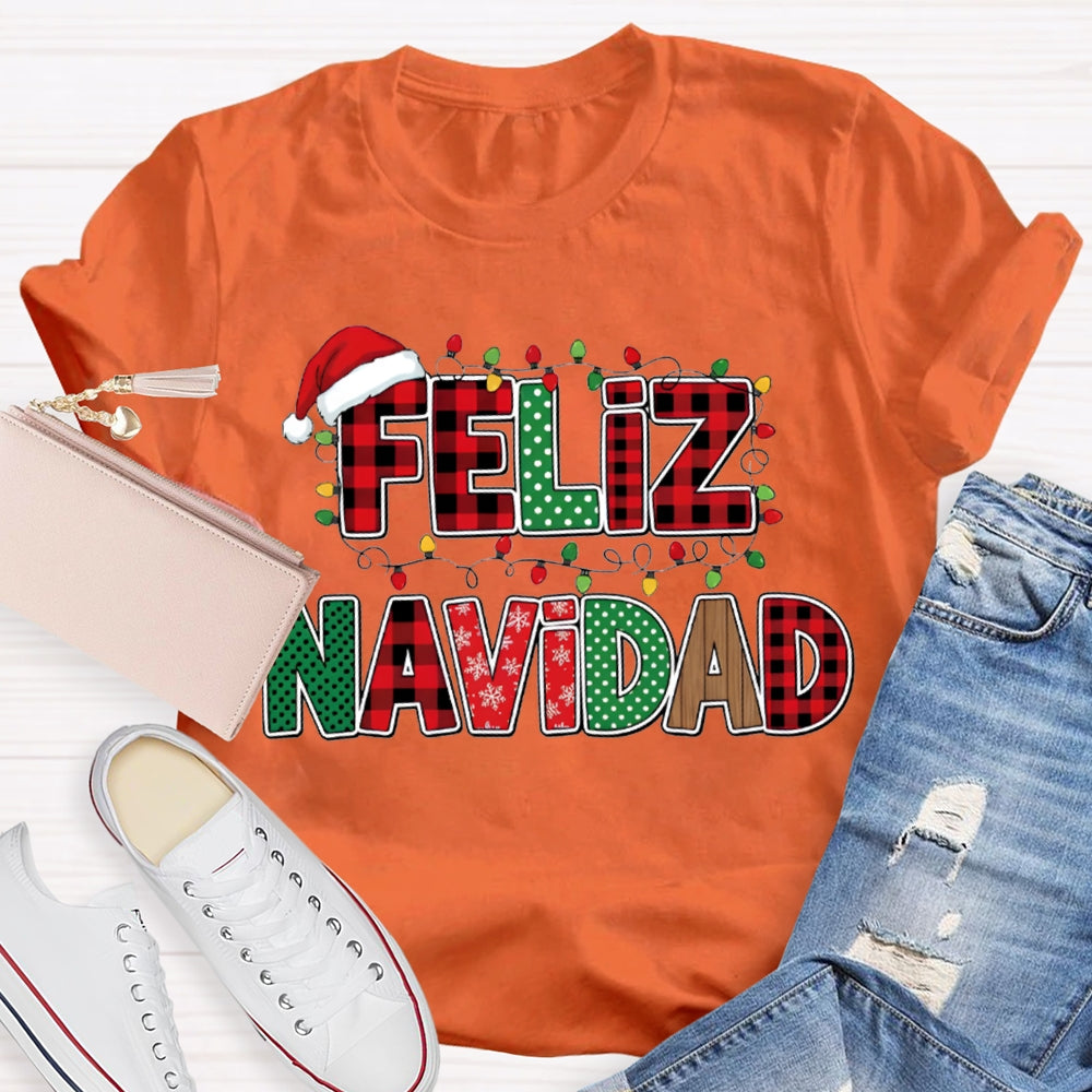 Feliz Navidad Santa Hats And Christmas Lights Bilingual Teacher T-shirt