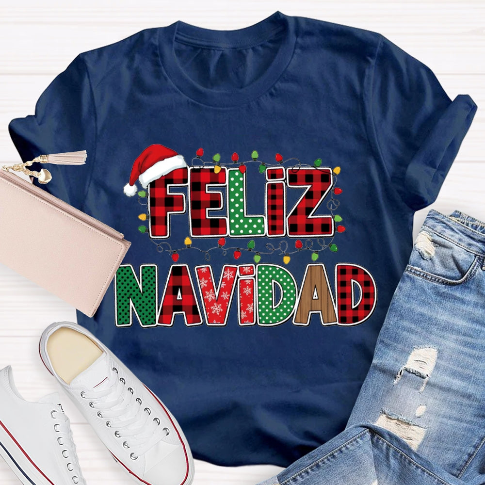 Feliz Navidad Santa Hats And Christmas Lights Bilingual Teacher T-shirt