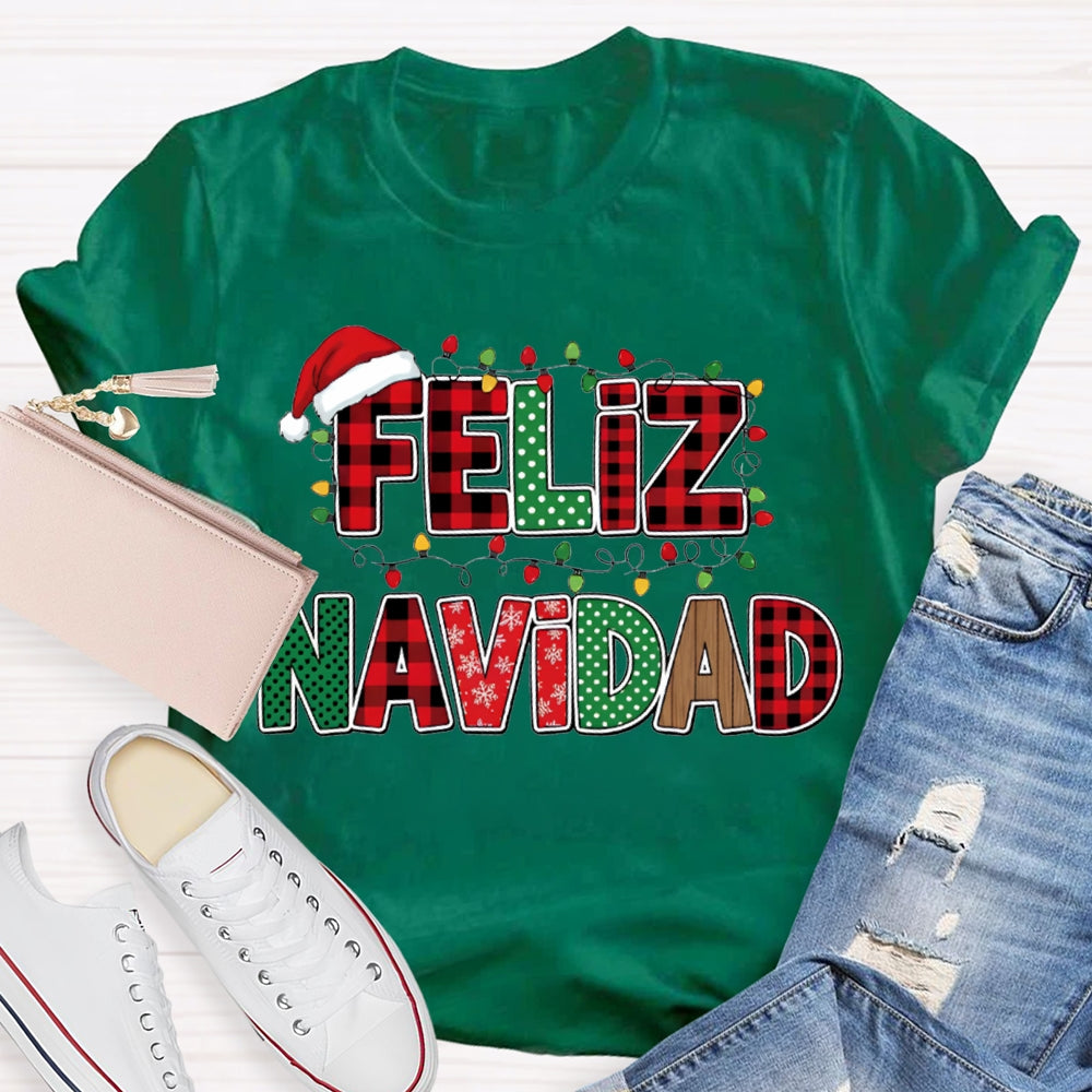 Feliz Navidad Santa Hats And Christmas Lights Bilingual Teacher T-shirt