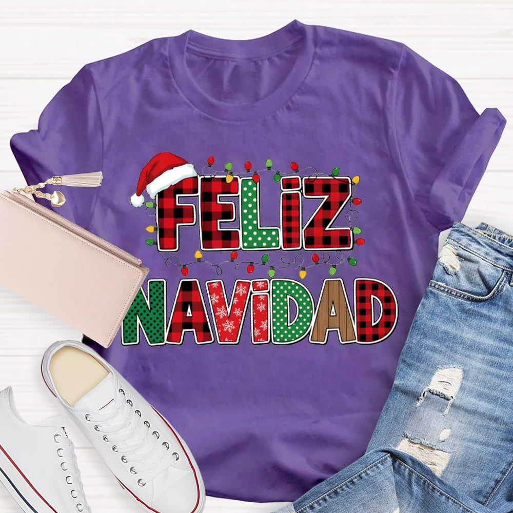 Feliz Navidad Santa Hats And Christmas Lights Bilingual Teacher T-shirt