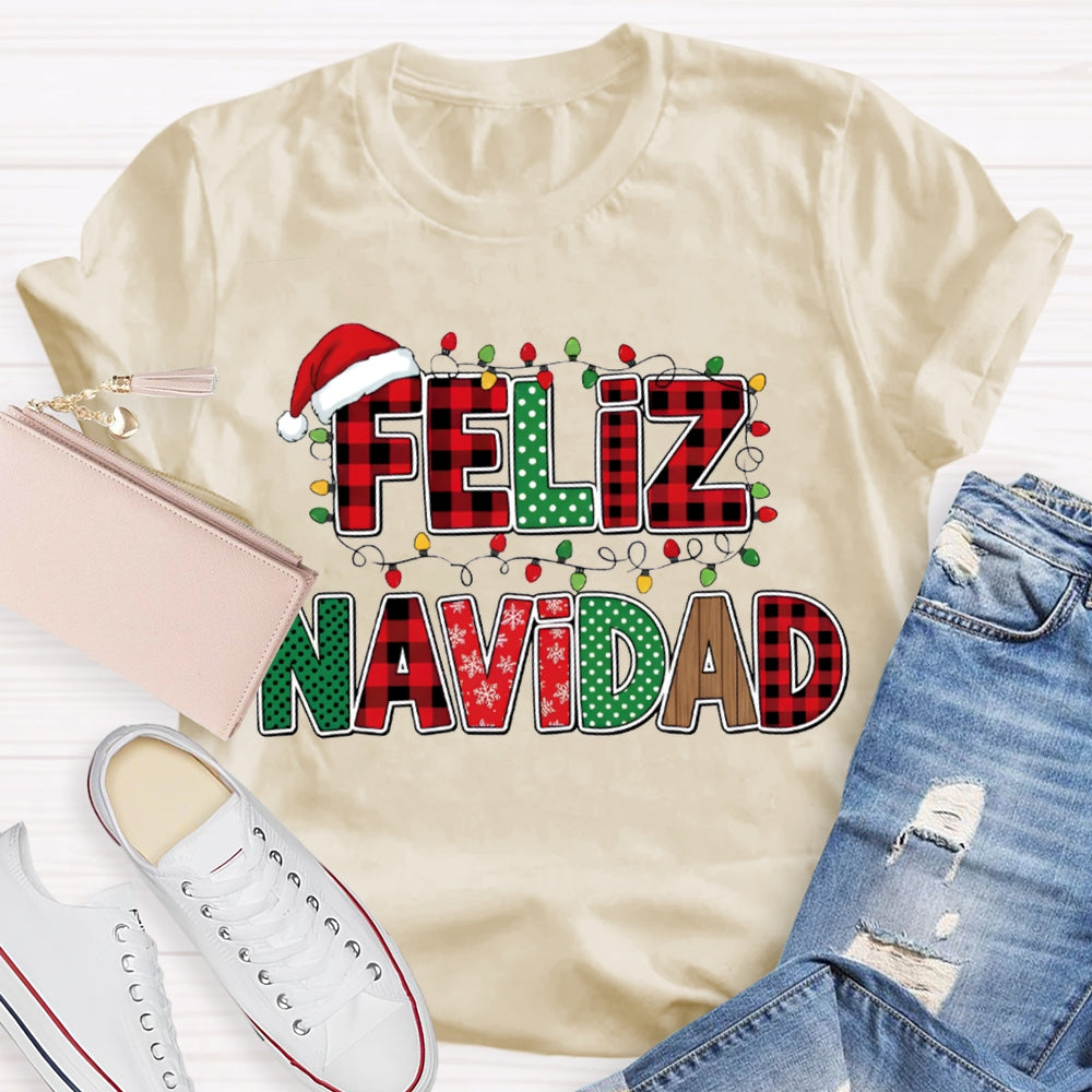 Feliz Navidad Santa Hats And Christmas Lights Bilingual Teacher T-shirt