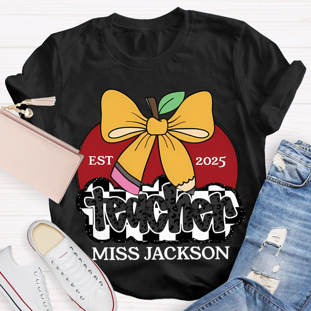 Personalized Name Teacher Bow And Apple T-shirt