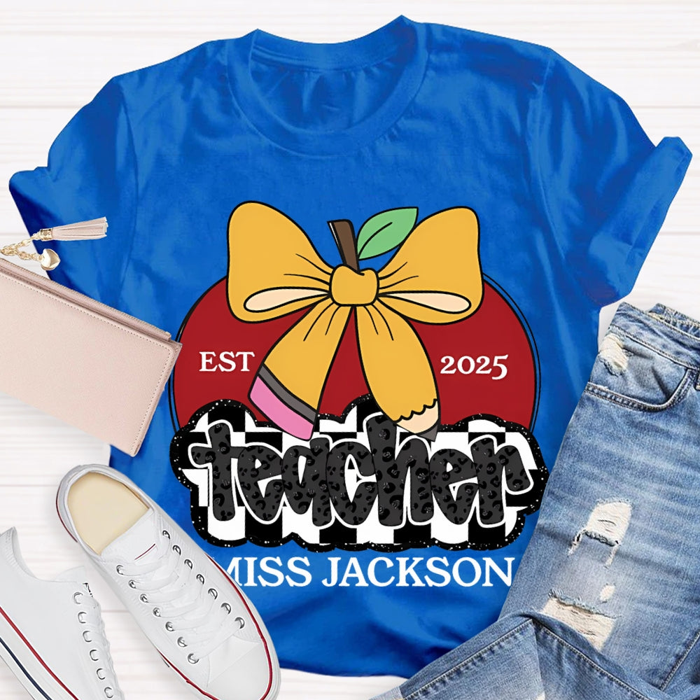 Personalized Name Teacher Bow And Apple T-shirt