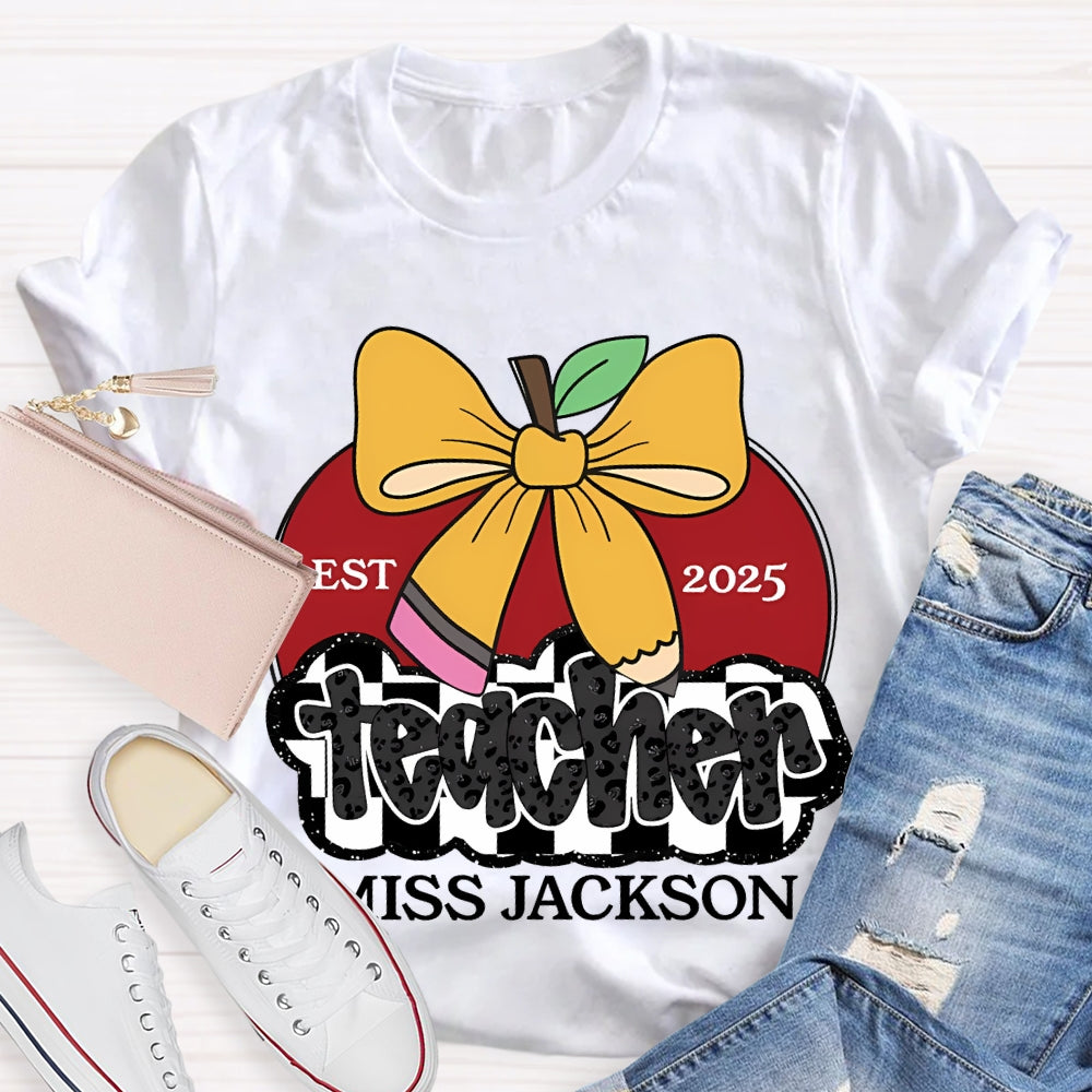 Personalized Name Teacher Bow And Apple T-shirt