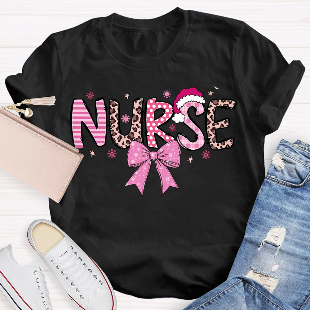 School Nurse Santa Hat And Pink Bow T-shirt
