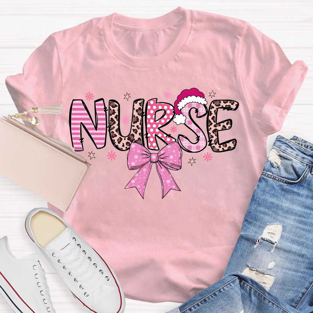 School Nurse Santa Hat And Pink Bow T-shirt