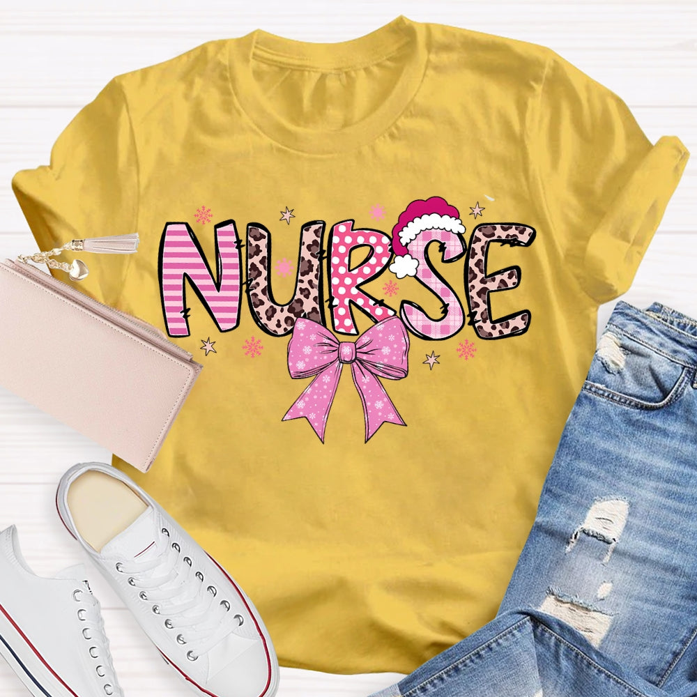 School Nurse Santa Hat And Pink Bow T-shirt