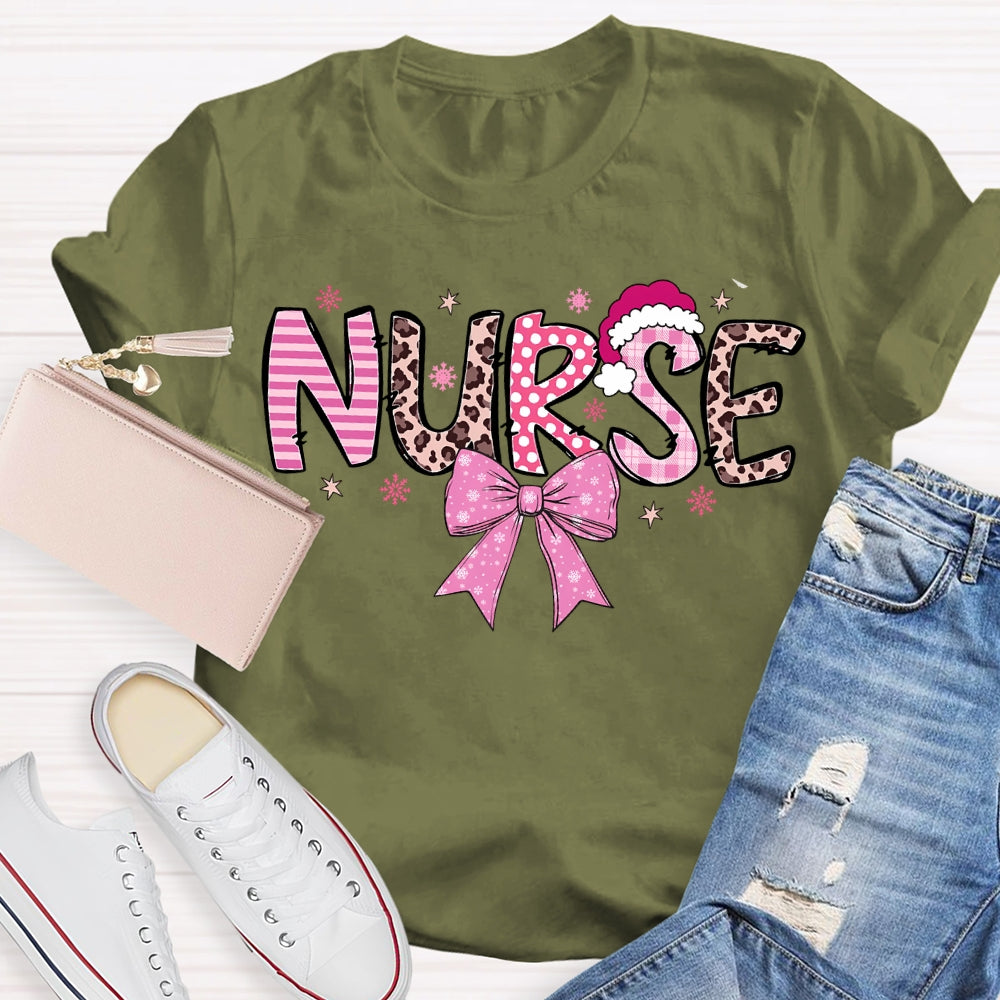 School Nurse Santa Hat And Pink Bow T-shirt